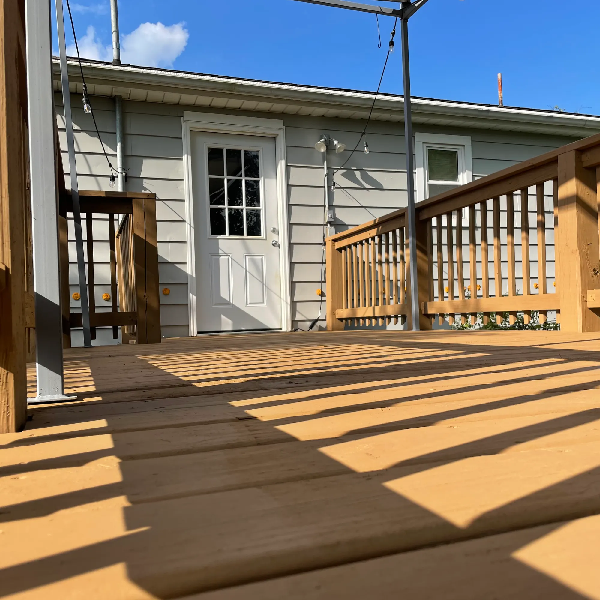 Freshly stained wood deck and railing in afternoon sun