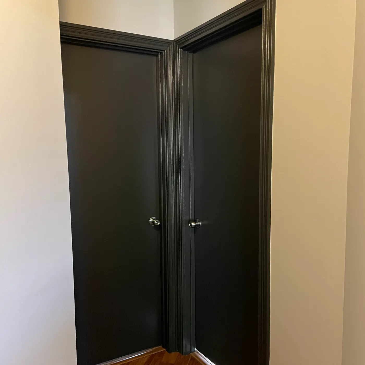 Interior double doors painted black against cream walls