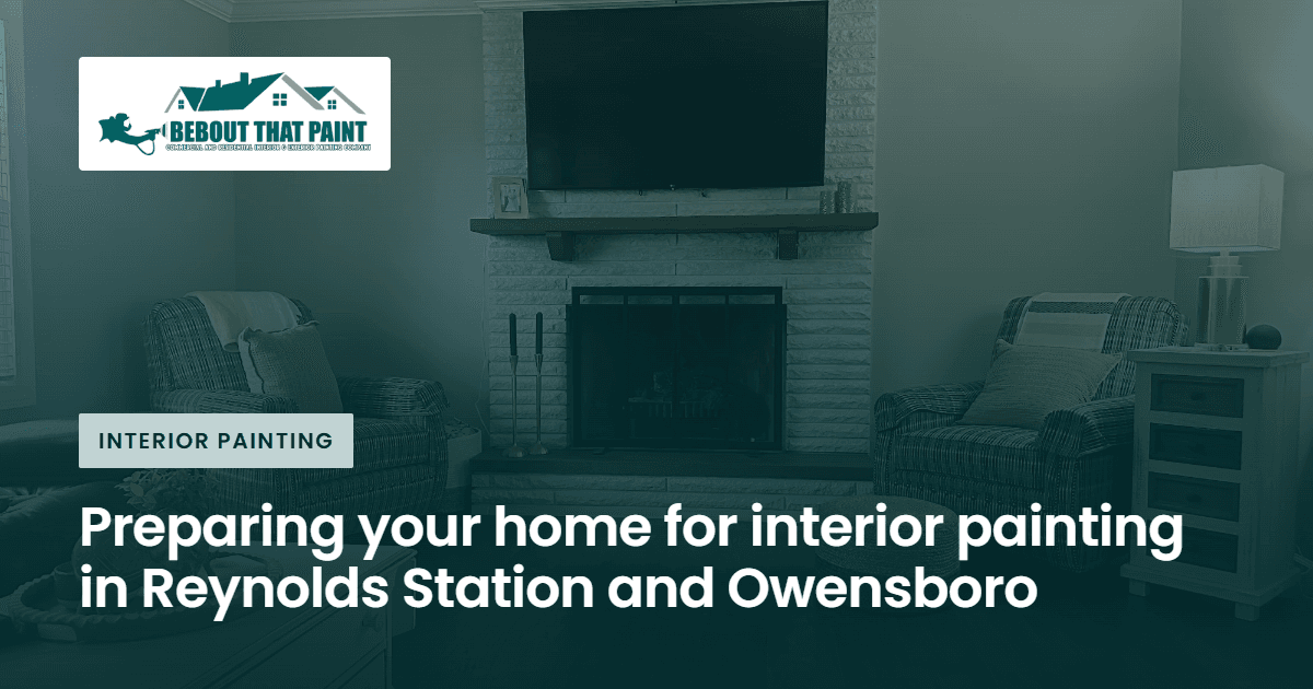 Blog title card with the Bebout That Paint logo and the title “Preparing your home for interior painting in Reynolds Station and Owensboro” over a photo of a living room with light gray walls